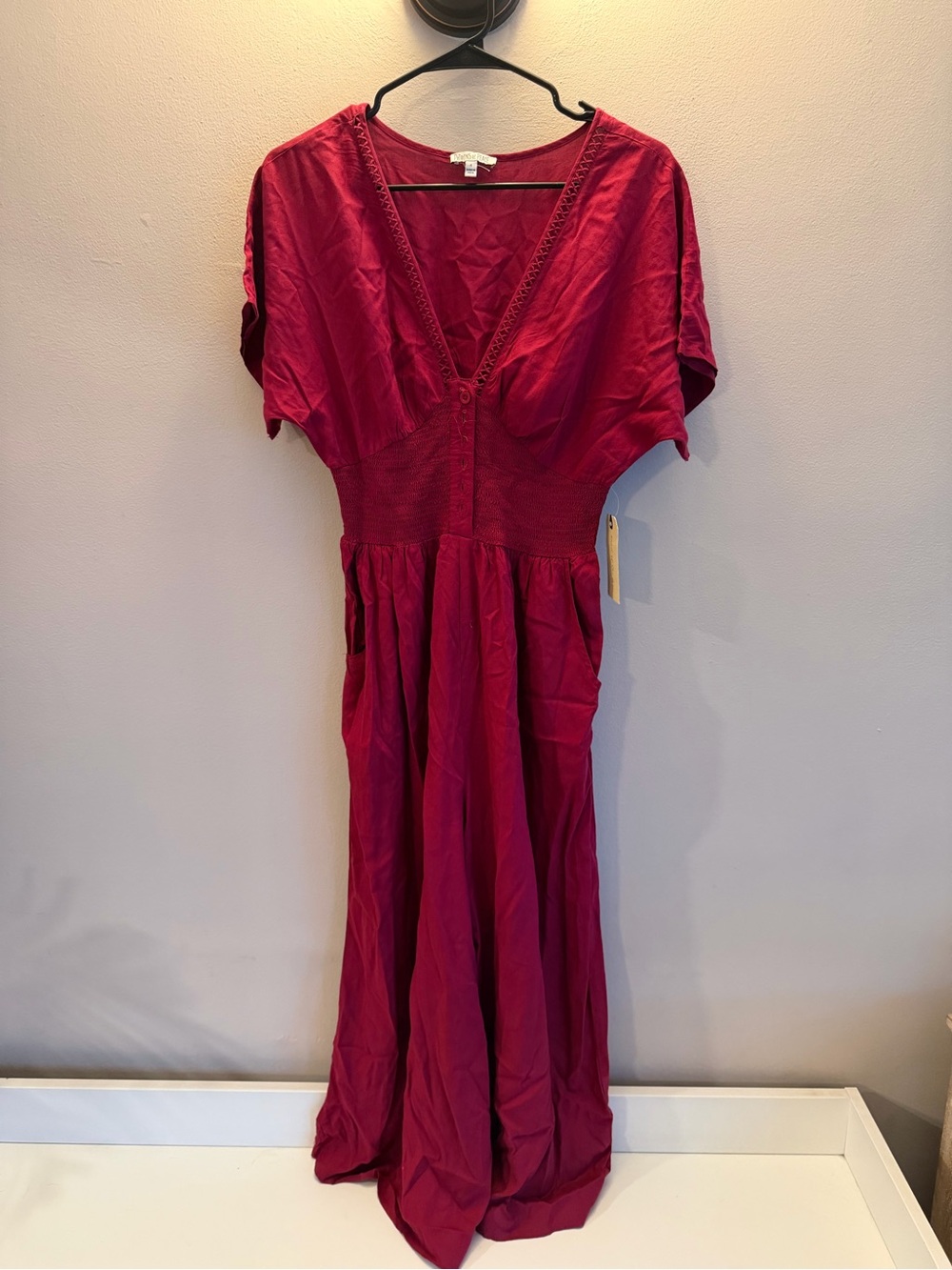 Patrons of Peace Magenta Smocked Wide Leg Jumpsuit V-Neck Boho Pink Small NWT